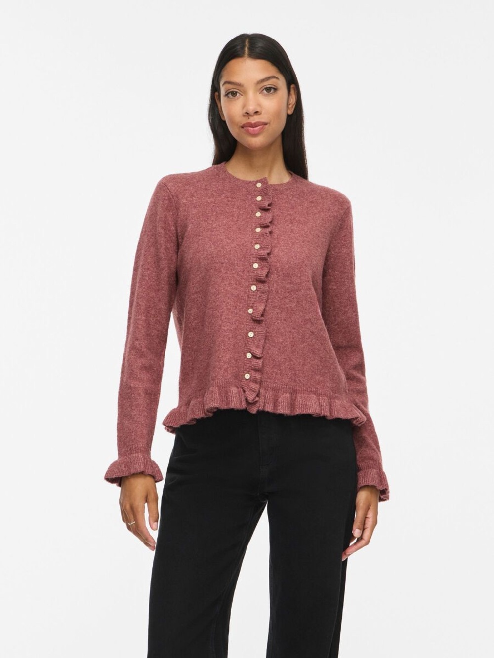 Ruffle-Trim Button-Front Cardigan in Dusty Rose